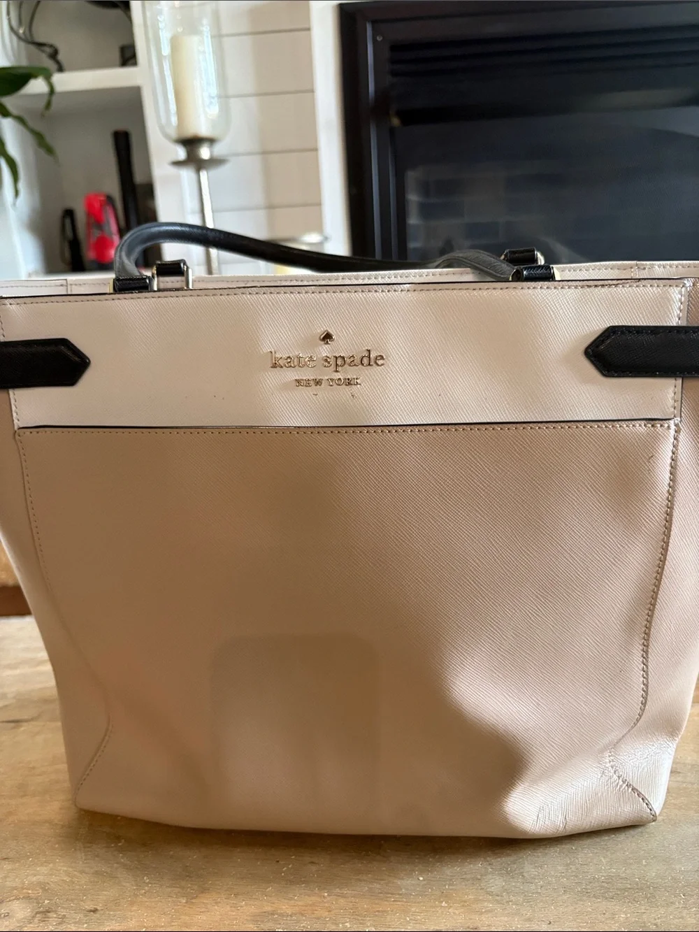 kate spade Beige and Black Leather Tote with Cream Trim
